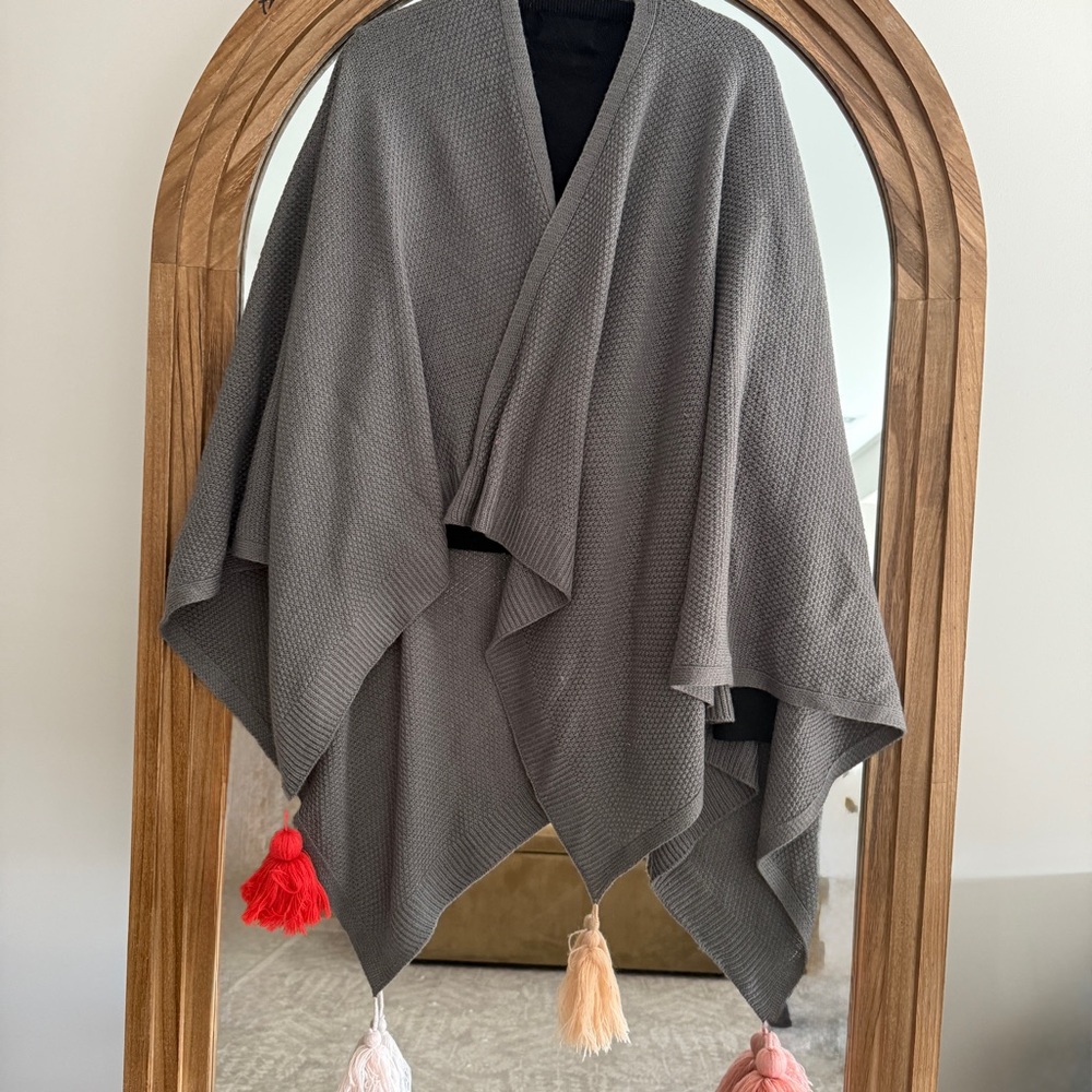 Cozy Boho Grey Knit Poncho Shawl with Colorful Pom Poms One Size Fits Most EUC